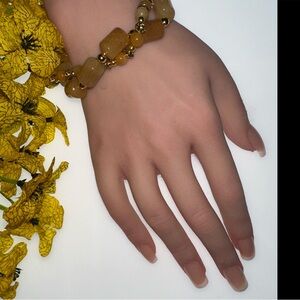 Yellow Jade Cylinder Stone Twisted Beaded Bracelet-Goldtone